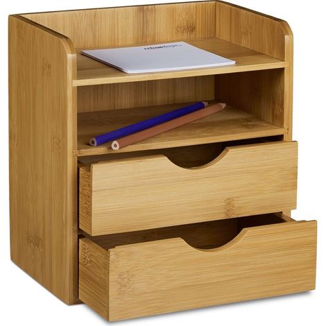 Organiseur de bureau en bambou 21 x 20 x 13 cm – 2 niveaux – 2 tiroirs amovibles – Rangement pour lettres et documents (1/5)
