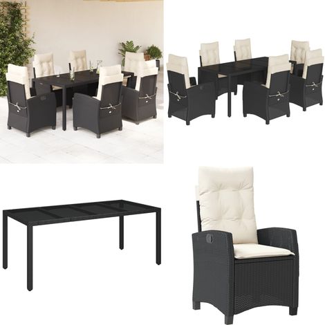 7-tlg. Garten-Essgruppe mit Kissen Schwarz Poly Rattan - Gartentisch - Gartenstuhl