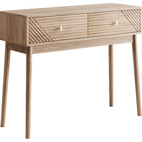 Bureau, table console de style mid-century modern avec tiroirs, table d’accueil vintage avec étagères ouvertes, table basse moderne, adaptée au salon, au foyer et au couloir, couleur chêne (1/5)