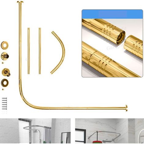 Tringle à rideau de douche perforée en acier inoxydable, télescopique en forme de L pour magasins de vêtements (doré, 68-98 cm x192-222 cm)
