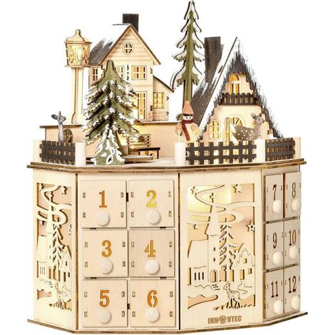 Calendrier de l'avent - Onwind - 24 jours en bois village de noël lumineux avec effets musicaux décorations fête compte à rebours (1/4)