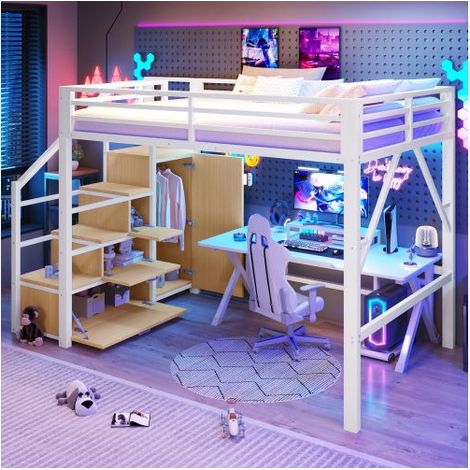 Lit Mezzanine 140x200cm avec armoire et éclairage LED - lit double - structure en métal blanc, escalier avec rangements (1/5)