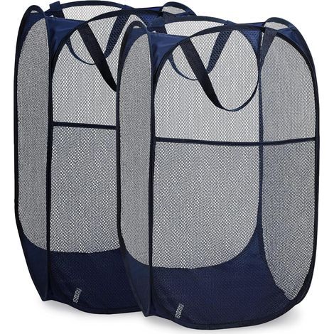 Panier à linge pliable en maille avec large ouverture et poche latérale – Respirant, robuste et peu encombrant pour le rangement des vêtements. (Bleu  Lot de 2)