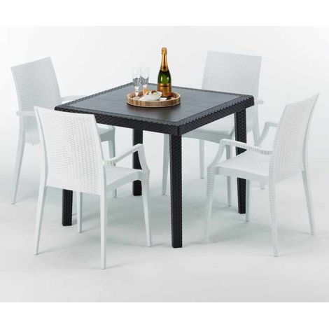 Schwarz Quadratisch Tisch und 4 Stühle Farbiges Polypropylen-Außenmastenset Grand Soleil Arm Bistrot Passion - Weiß