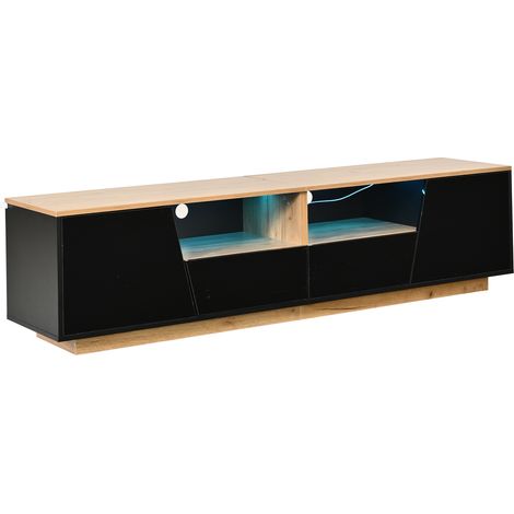 Meuble TV 180x40x46 cm avec 2 tiroirs, 2 armoires, LED contrôlable par application, finition laquée noire et bois naturel (1/5)
