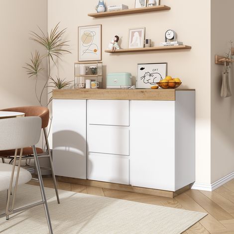 Commode 3 tiroirs + 2 portes avec compartiment verrouillable, rangement chambre & salon, panneaux particules E1, blanc et chêne (1/4)