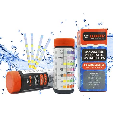 Llofer – Testeur d'eau piscine 7 en 1 – Mesure dureté, chlore libre, alcalinité, pH, acide cyanurique – Pack de 50 bandelettes
