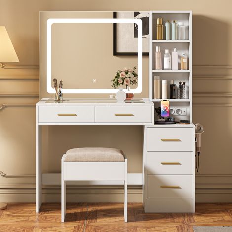 JOOKGBD- Coiffeuse avec miroir LED, Commode avec tabouret, Plateau en verre, Prises USB et électriques, Tiroir avec porte-sèche-cheveux, pour chambre, Bois, Verre, Fibre, Blanc