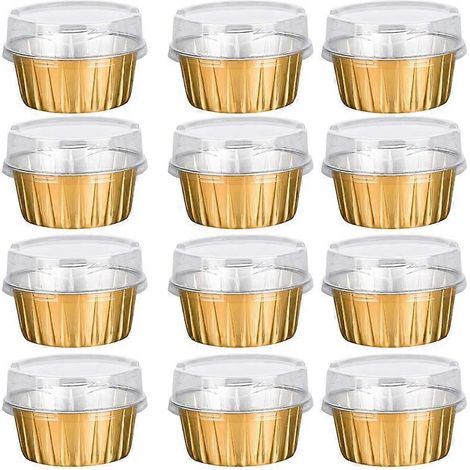 Moules à dessert avec couvercles, lot de 25 moules à pâtisserie en aluminium doré, ramequins transparents pour cupcakes et puddings (1/5)