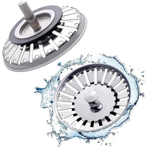 Lot de 2 crépines/bouchons d'évier, diamètre 84 mm, avec embout sphérique, en acier inoxydable. (1/5)