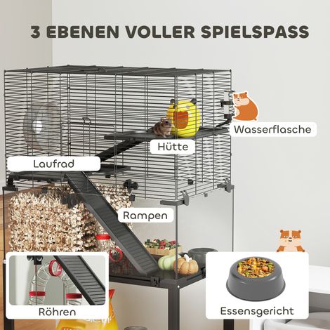 Cage à hamster 3 niveaux avec roue, cabane, plateformes, rampes, gamelle et biberon, enclos pour rongeurs en acier et plastique noir