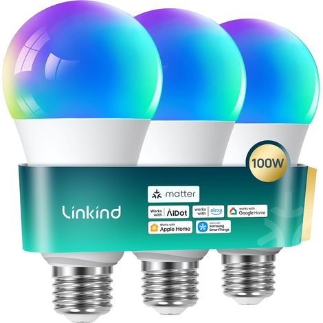 Ampoule Connectée Wi-Fi LED E27 Matter, 1600LM, 14W=100W, RGBTW avec 104 Scènes, 2,4 GHz, A67, Lot de 3 (1/5)