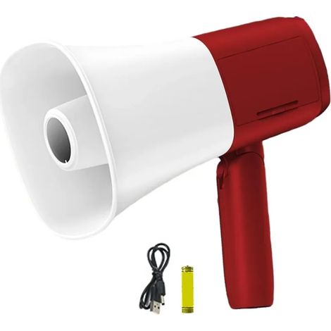 (Rouge) Mégaphone portable à volume réglable avec poignée pliable, à main. (1/3)