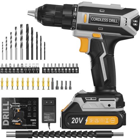 Perceuse Visseuse Sans Fil, 20V Visseuse Devisseuse Sans Fil, 25+1 Réglages de Couple, Perceuse-visseuse Max 42Nm Visseuse, LED, jeu de 56 Accessoires pour l'Entretien et le Bricolage, Gris (1/5)