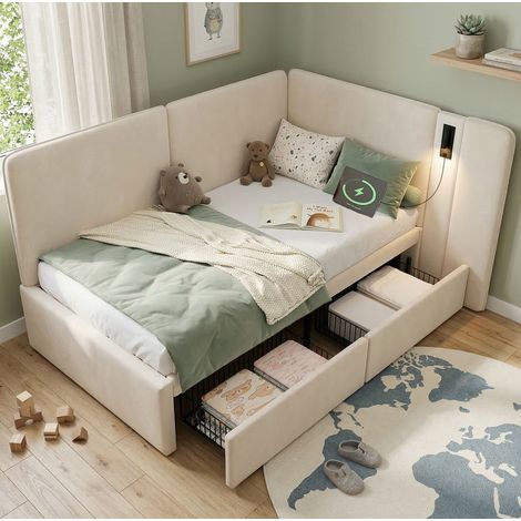 bett schlafbett aufbewahrung 90x200 samt beige OKMYHOME (1/5)