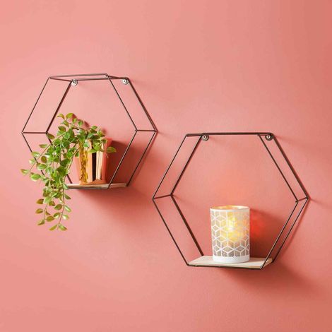 Set of 2 Metal WiRed Hexagon Wall Floating Shelves Elegant Design Fully Assembled Display Unit (Black)