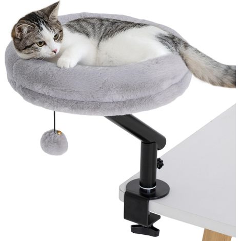 Lit de bureau pour chat, avec rotation à 360°, hauteur réglable, coussin amovible et lavable en machine, pour chats de moins de 6 kg, idéal pour la maison ou le bureau, gris.