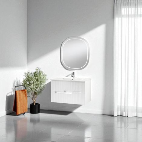 Mobile bagno RIGHE 70 cm 2 cassetti Larice Bianco e specchio LED Frontale (1/5)