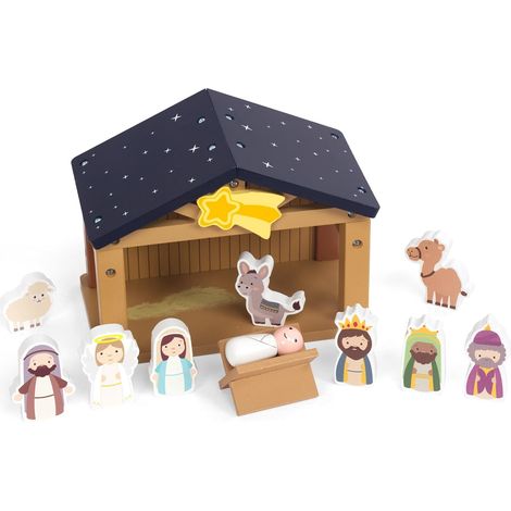 Crèche Noël Bois Figurines Sainte-Famille, Jeu Enfants Cadeau 3 Ans (1/5)