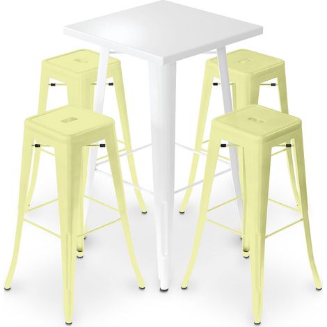 Pack White Stool Table and Pack of 4 Bar Stools - Industrial Design - Metal - New Edition - Bistrot Stylix Pastel yellow (1/5)