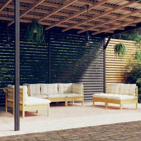 vidaXL Muebles de jardín 7 pzas y cojines madera maciza de pino crema (1/5)