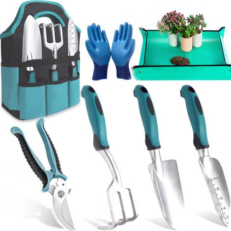 Kit à Outils de Jardinage, 7 Pièces Outil Jardinage, Ensemble Cadeau de Jardin Résistant à la Rouille avec Un Fourre-Tout de Rangement Durable (1/5)