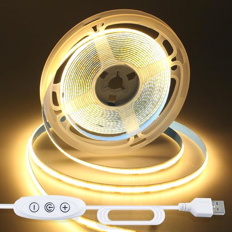 Ruban LED COB, 5M USB Blanc Chaud 3000K Bande LED à Intensité Variable pour Rétroéclairage LED de Téléviseur, Armoires, Miroirs, Décoration Intérieure de Chambre à Coucher (1600 LED/5M) (1/5)