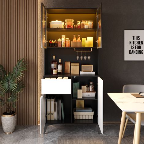 Buffet haut vitrine, 80x40x180 cm, vaisselier de cuisine et salon avec LED connecté, meuble de rangement avec porte-verres suspendu, Noir et Blanc (1/5)