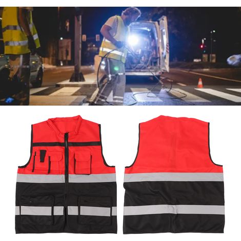 Gilet réfléchissant rouge vif et noir, col rond, multipoches, vêtements de travail de sécurité pour la construction et les transports. (1/5)