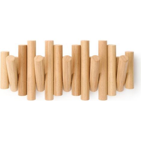 pair Patère murale avec 5 crochets, bois naturel, 37,1 x 16,5 x 4,4 cm (coloris bois) (1/5)