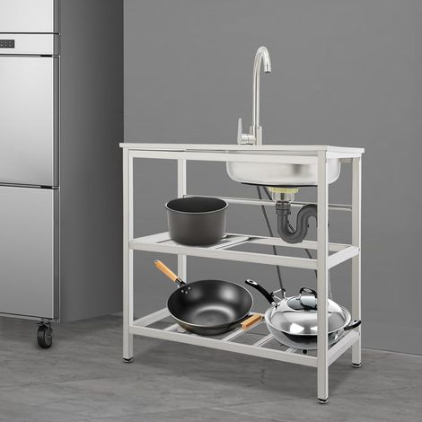 évier de cuisine en acier inoxydable avec placard, évier individuel avec robinet chaud et froid, avec étagère à 2 étages, évier de cuisine salle à manger cuisine extérieure camping, 1 piscine (1/5)
