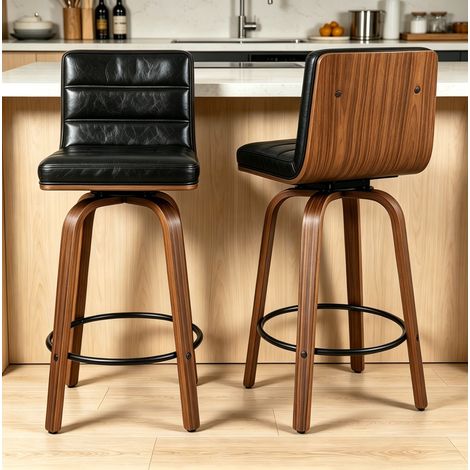 Tabouret De Bar Pivotant En Similicuir, Dossier Ergonomique, Anneau Repose-Pieds, Bois Et Métal, Noir (1/5)