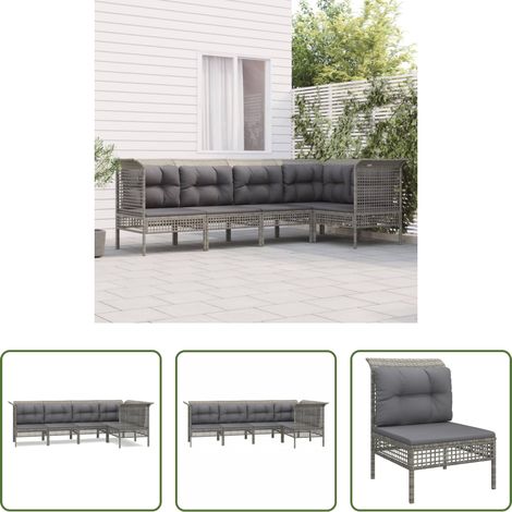 vidaXL Rattan - 5-tlg. Garten-Lounge-Set mit Kissen Grau Poly Rattan (1/5)