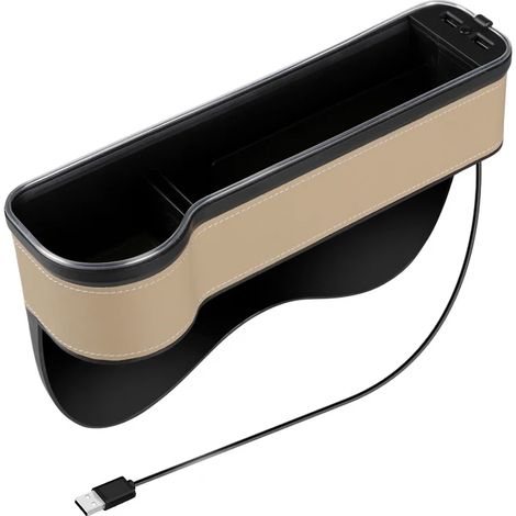 (Beige gauche 1 pièce) Organisateur de voiture avec LED colorées, combleur d'espace pour siège auto, double port USB de charge, boîte de rangement en PU avec porte-gobelet.