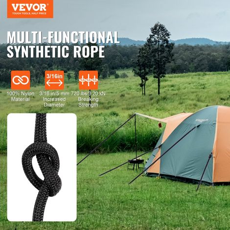 Corde en nylon tressé, 5 mm x 76.2 m, corde d'escalade en plein air, 32 brins, résistance à la rupture de 3.20 kN, corde de gréement d'arboriste pour randonnée, camping, balançoire, sauvetage (1/5)