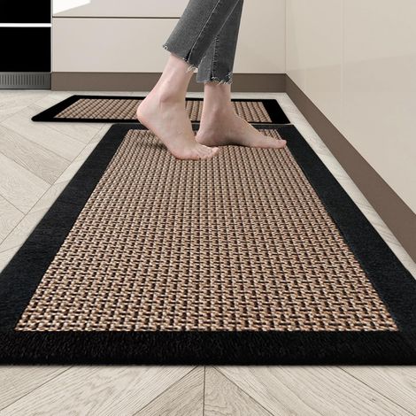 Tapis Cuisine Devant Evier, Tapis de Cuisine Lavable Antidérapant, Tapis Couloir en Coton et Lin Tissé, Tapis de Sol (Noir, 50x120cm+50x80cm) (1/5)