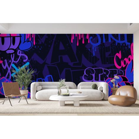 Papier peint graffiti - tags urbains bleu et violet - 150 x 250 cm (1/2)