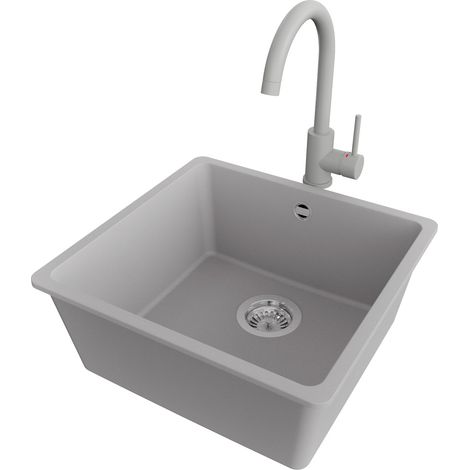 PRIMAGRAN Evier Cuisine en Granit 46x44cm,Lavabo 1 bac + Robinet 32x20cm + Kit de Vidage, Évier à Encastrer au meuble 50cm - Venise Slim Easy, Gris (1/5)
