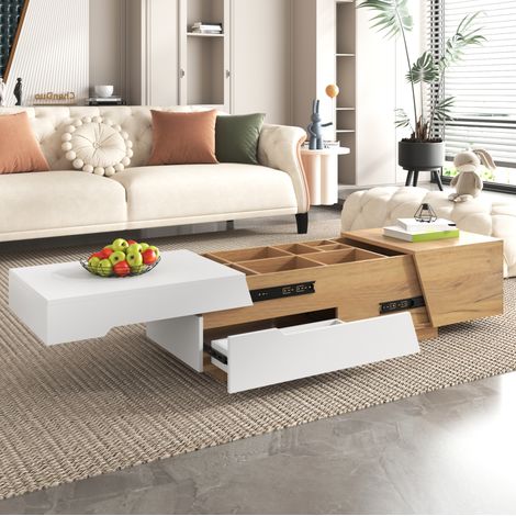 Table basse coulissante avec rangement, 120 x 50 x 37,5 cm, MDF blanc et bois HAVRYA (1/5)
