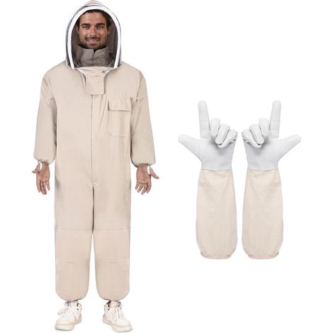Imkeranzug für Damen und Herren, Imkeranzug mit Imkerhandschuhen, Imkeranzug mit Schleierhut, Ganzkörper-Imkeranzug (Hellbraun, Größe XL)