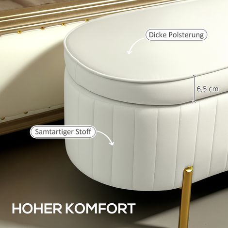 Banc de rangement avec couvercle à charnières, revêtement textile, structure métallique, blanc crème et doré. (1/4)