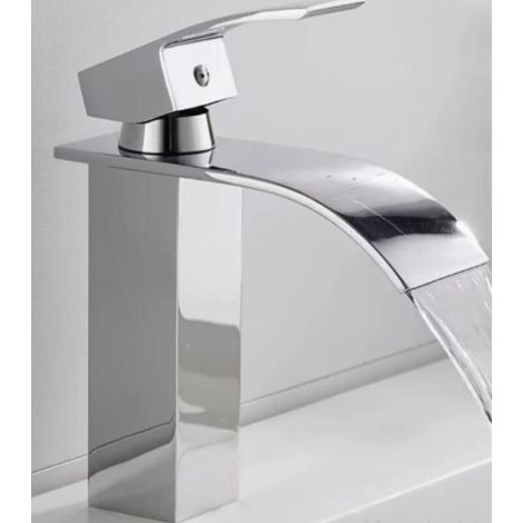 Robinet de salle de bain style cascade – Mitigeur monotrou eau chaude/eau froide – Bec courbé – Profil bas – Chrome – Argent : 17 x 6 x 20,5 cm (1/5)