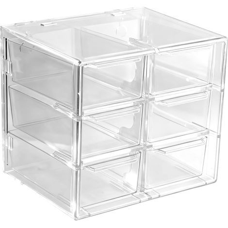Boîte de rangement à 6 tiroirs pour cosmétiques, Organisateur empilable en plastique, Tiroirs transparents pour bijoux, maquillage et bureau (1/5)