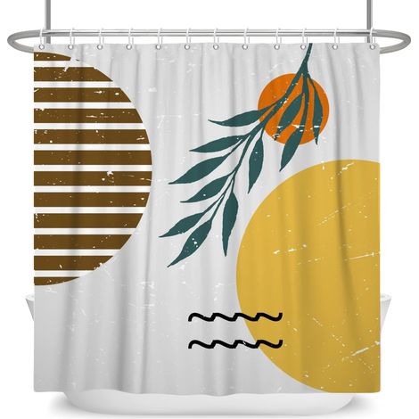 180x180cm Rideau de Douche Abstrait Aquarelle Feuille de Palmier Orange Soleil Rideau de Salle de Bain rétro Rideaux de Douche du Milieu du siècle Rideau de Baignoire étanche avec Crochet (1/5)