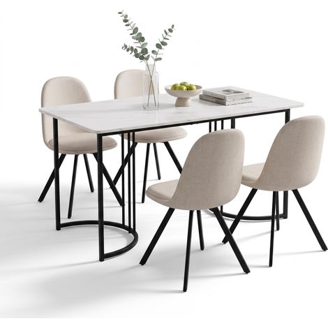 FurnitureR Essgruppe mit Drehstühlen 5-teilig Steinoptik Tisch Beige 140 cm Tisch in Steinoptik mit 4 drehbaren Stoffstühlen für komfortables und modernes Wohnen (1/5)