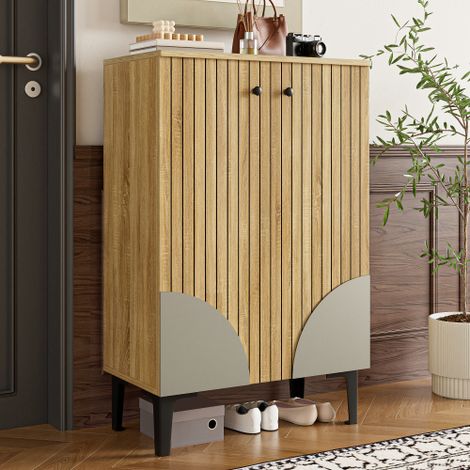 Meuble à chaussures en bois - avec portes, étagères et structure en métal - 60x32x94 cm (1/5)