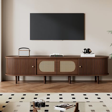 Mobile porta TV ovale in MDF color noce scuro, 180x40x40 cm, mobile di design per soggiorno in stile rattan, 2 ante a battente + 2 ante scorrevoli (1/5)