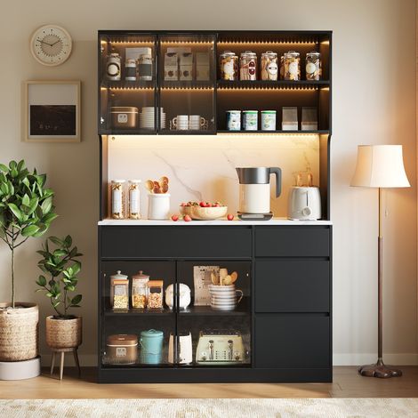Armoire haute buffet noir et blanc MDF avec décor marbre central, vitres et LED intégrées, grand rangement salon salle à manger 120×40×180 cm (1/5)
