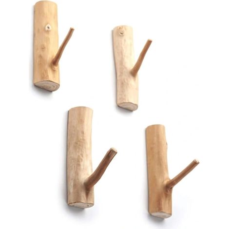 Crochets muraux avec branche en bois, crochets muraux en bois, crochets décoratifs rustiques auto-adhésifs, porte-clés, porte-serviettes, lot de 4 (largeur 2,5 cm - 3 cm) (1/5)