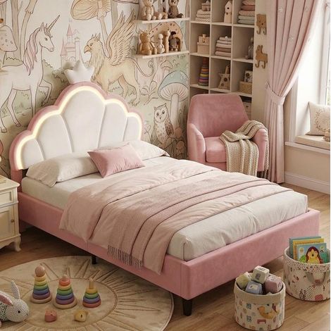 Creahappy Lit Capitonnée 140x200 cm avec LED RGB - Tête de Lit Couronne Ajustable Tissu Velours - Rose et Blanc (1/5)